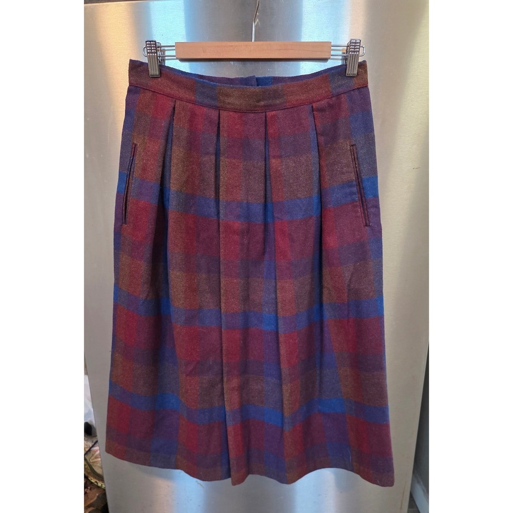 JCPenney Women 29W Plaid Wool Blend Midi Skirt Burgundy Blue Vintage Pleated